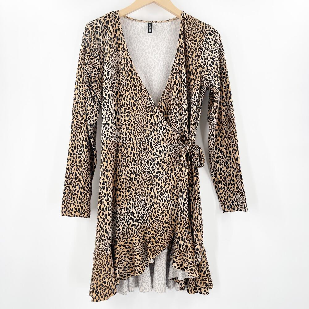 H&M Divided Wrap Dress Size 10 Animal Print Leopard Long Sleeve Stretch Tie